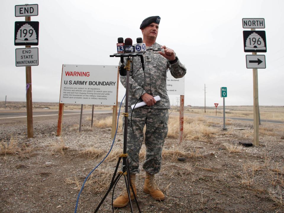 Col. William King, then the commander of Dugway Proving Ground, talks to the media near the main gate in 2011.