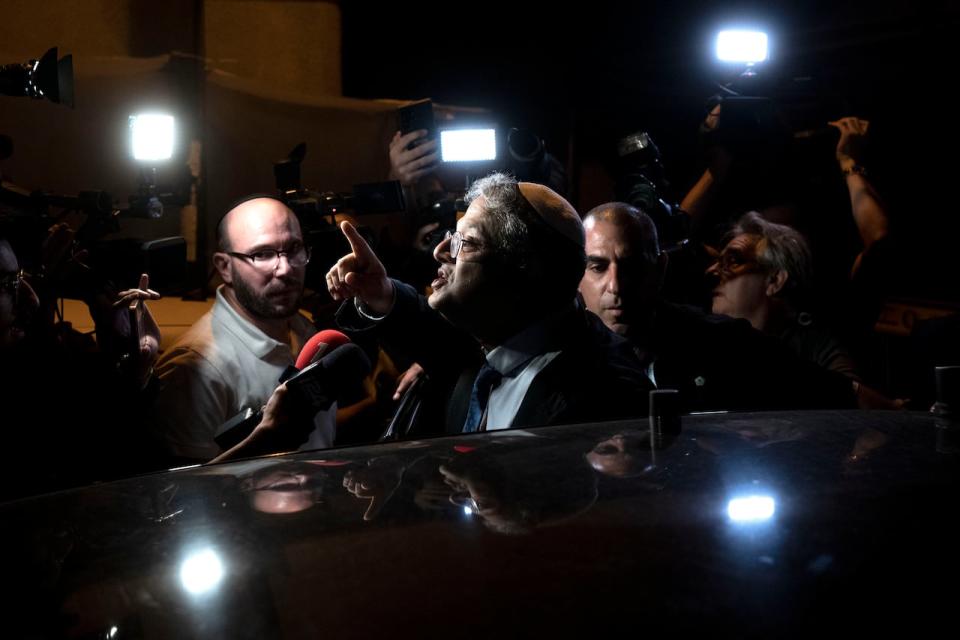 Far-right Israeli lawmaker Itamar Ben-Gvir speaks to journalists outside of the Likud Party headquarters after meeting with Nov. 1 poll winner Benjamin Netanyahu about forming a government, in Tel Aviv, Israel, Monday, Nov. 7, 2022. Ben Gvir gave no details about the talks but sought to assure his backers that Israel will have a right-wing government.