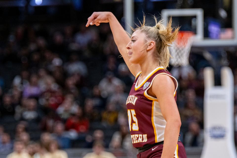 Gibson Southern High School junior Gabby Spink (15) reacts after scoring during the second half of an IHSAA class 3A girls’ basketball state finals game against Norwell High School, Saturday, Feb. 24, 2024, at Gainbridge Fieldhouse, in Indianapolis. Gibson Southern won, 63-60.