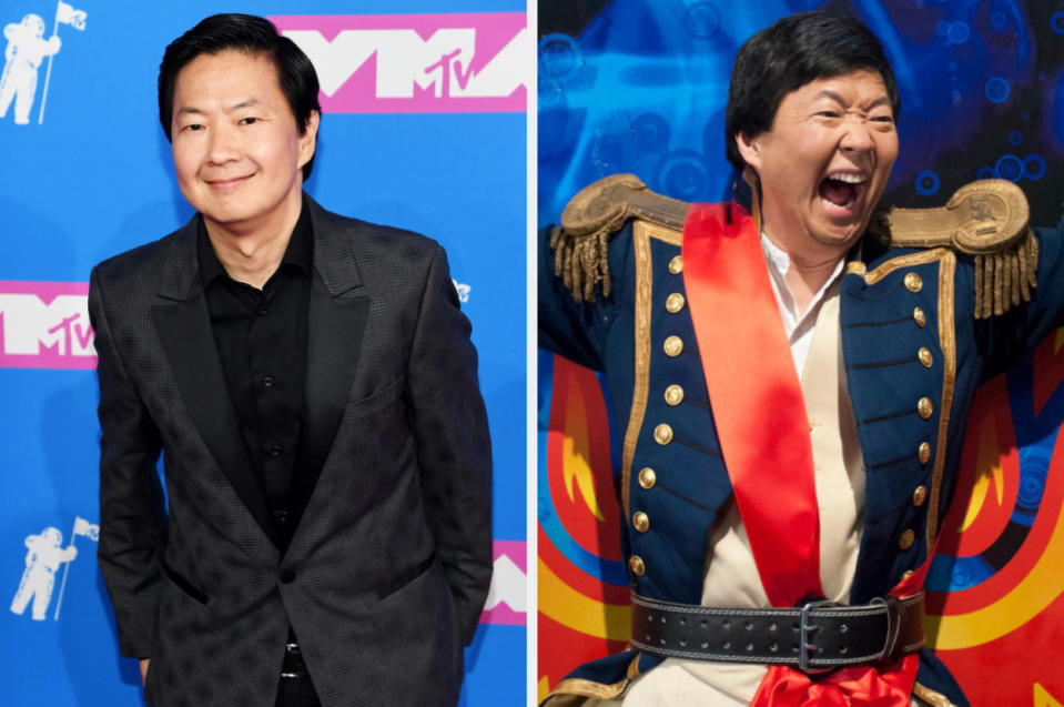 Ken Jeong smiling vs. him on "Community" screaming in an elaborate costume