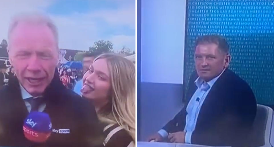 A photo of a woman interrupting Sky Sports reporter, Mick Fitzgerald, live on air at a racecourse in Lingfield, England. A photo of presenter, Martin Kelly, reaction to the display.