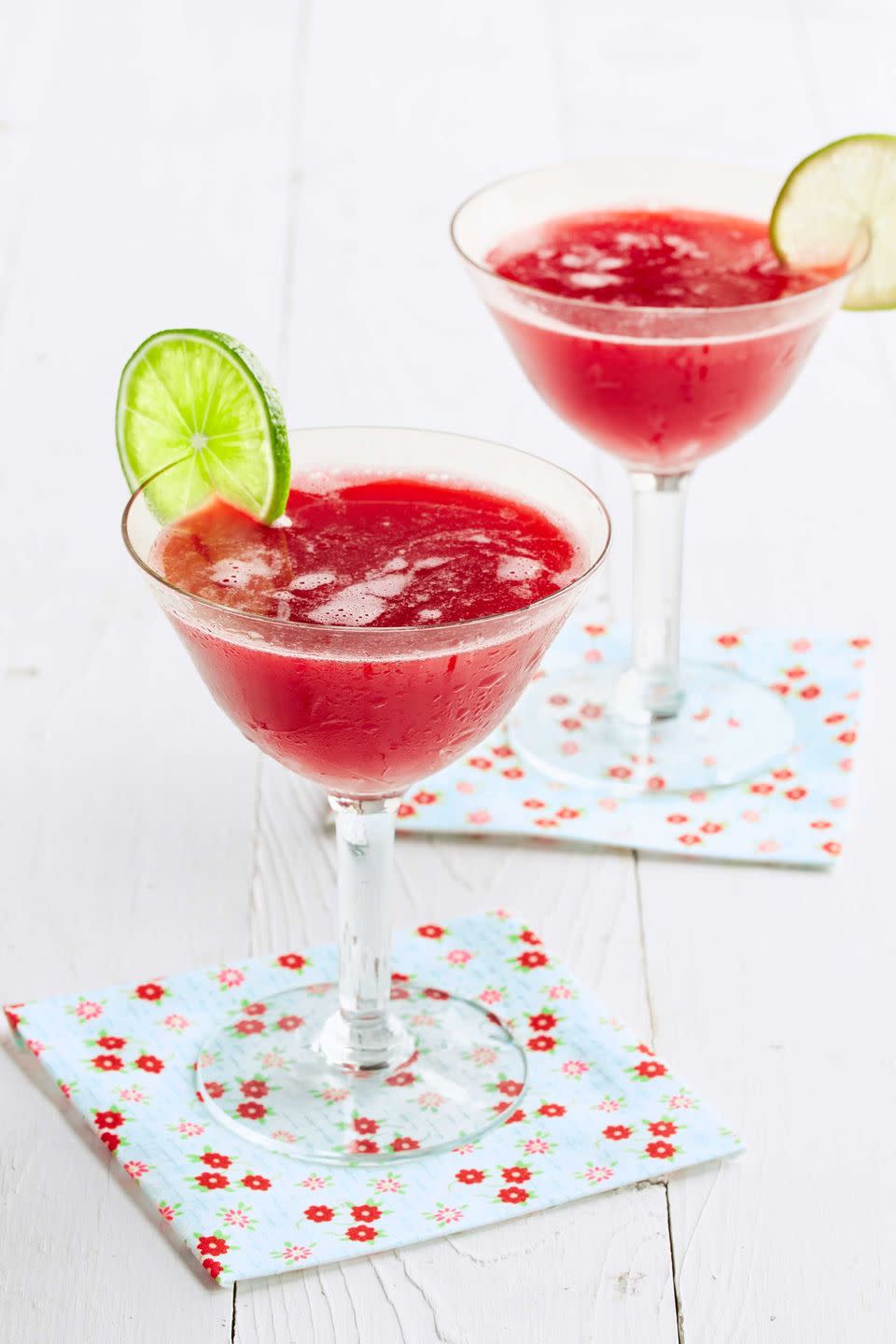 honeyed cherry daiquiri served on red, white, and blue floral napkins for fourth of july