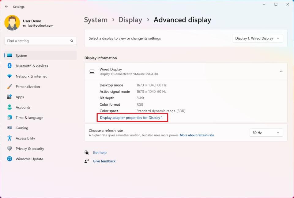 Display adapter properties for