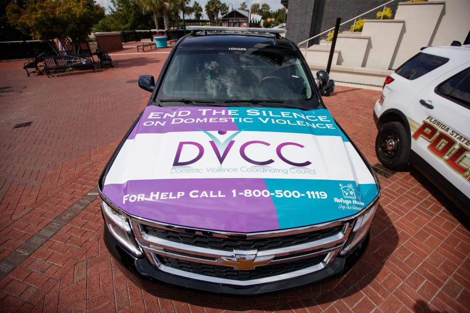 A Tallahassee Police Department vehicle features the local law enforcement campaign "End the Silence on Domestic Violence" on the hood of the car, which was unveiled during a press conference at Cascades Park on Wednesday, Sept. 29, 2021.