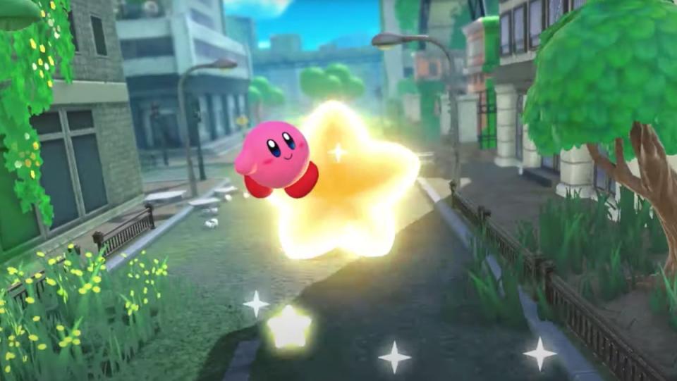 Kirby riding around the stars in Kirby and the Forgotten Land trailer