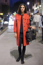 LONDON, ENGLAND - SEPTEMBER 15: Model Eliza (21) poses wearing a Jil Sander jacket, Assendro Top, Unknown dress, Doc Martin shoes and a Phillip Lim bag at the Issa London catwalk show during London Fashion Week Spring Summer 2013 on September 15, 2012 in London, England. (Photo by Ben Pruchnie/FilmMagic)