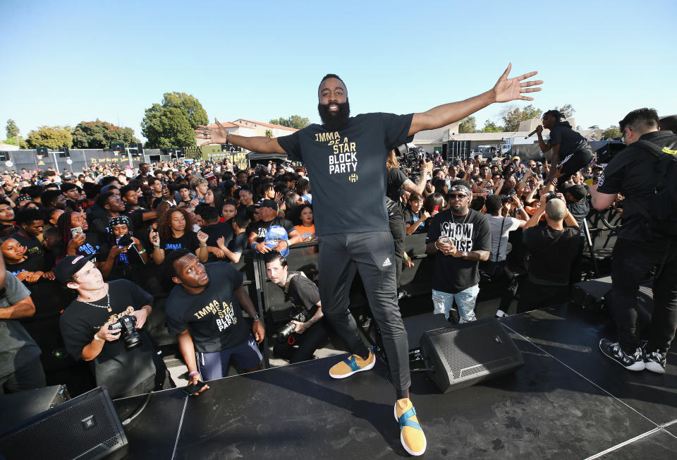 James Harden stands onstage at “Imma Be a Star” Block Party at Audubon Middle School. (Getty Images for Adidas)