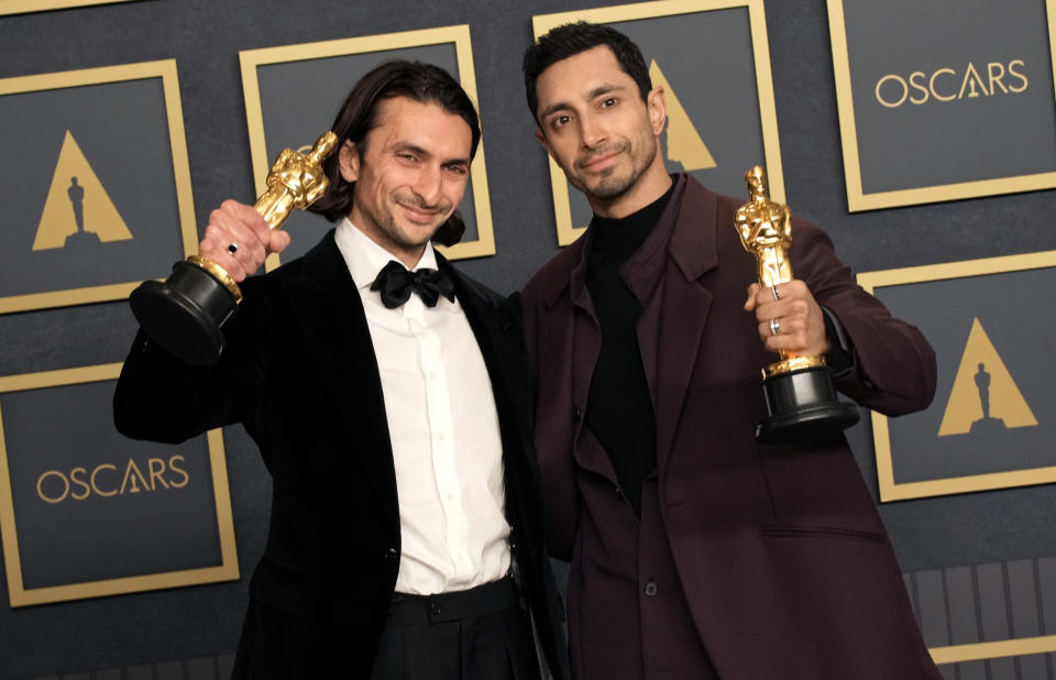 HOLLYWOOD, CALIFORNIA - MARCH 27: (L-R) Riz Ahmed and Aneil Karia, winners of Best Live Action Short Film 