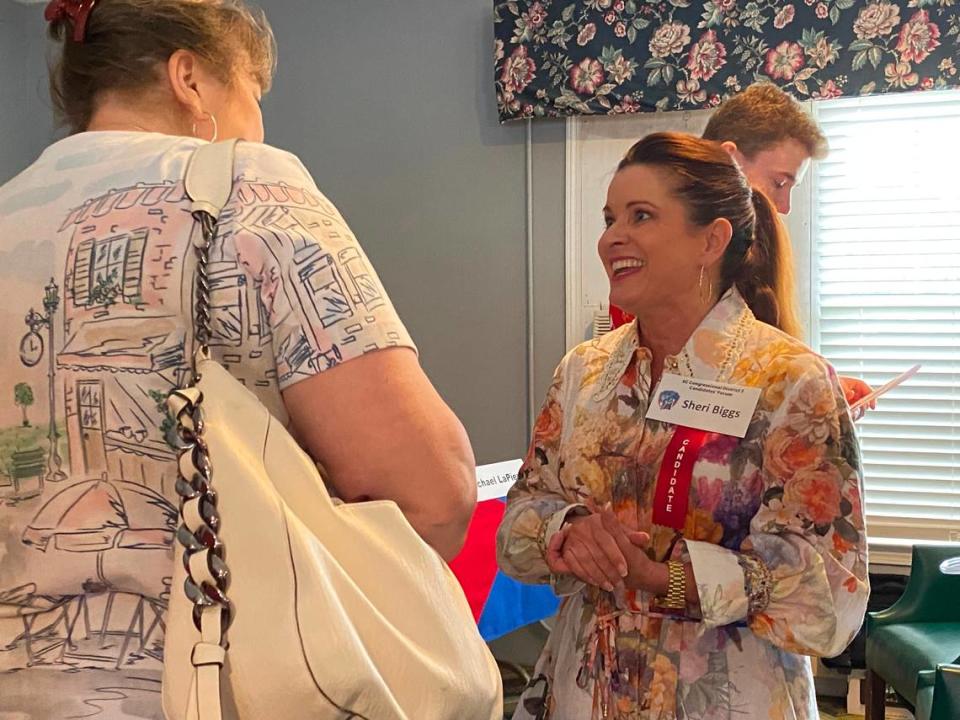 Sheri Biggs, a 2024 GOP candidate in the 3rd Congressional District, speaks to voters after a McCormick County Republican Party forum on Saturday, May 18, 2024.