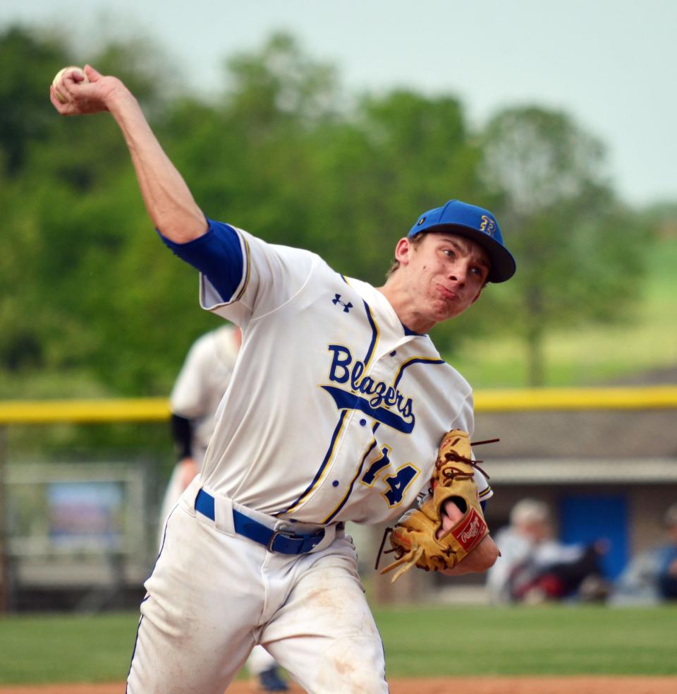 Clear Spring's Aiden Schwartz delivers a pitch during the Blazers' 19-0 victory over Edmondson-Westside in the Class 1A state quarterfinals.