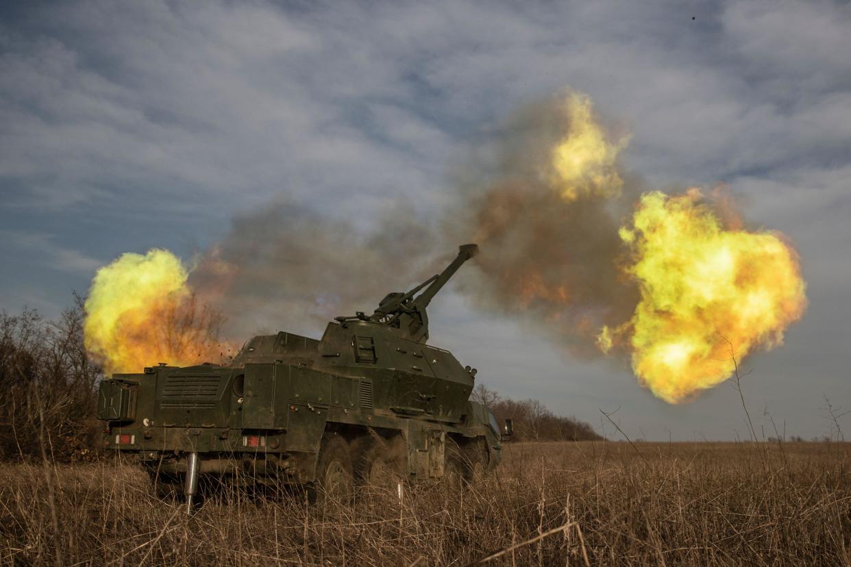 Ukrainian 152 mm self-propelled howitzer Dana fires at the Russian positions in Donetsk region, Ukraine, Friday, March 1, 2024. (Roman Chop via AP)