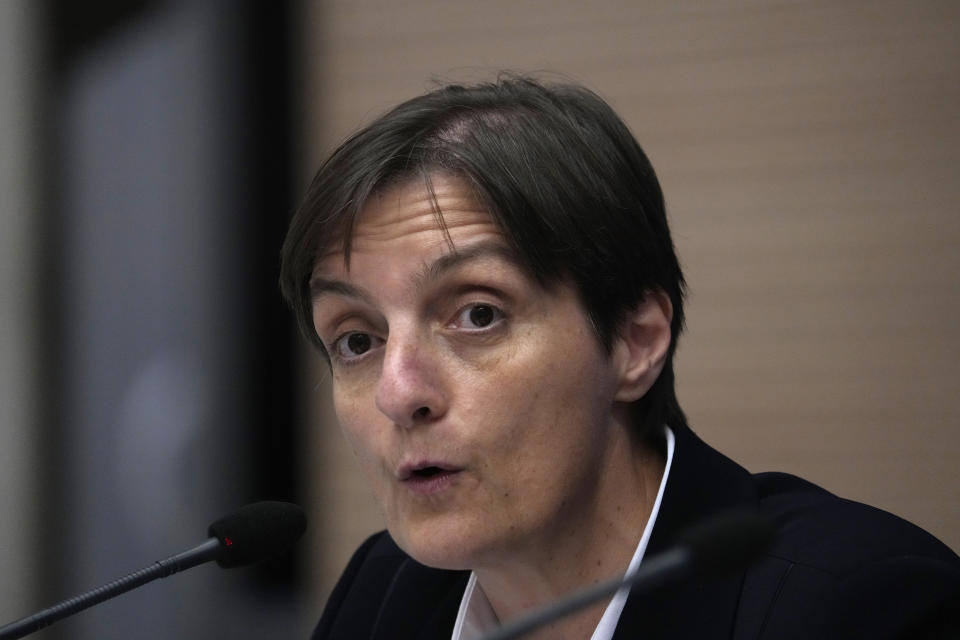 Sister Nadia Coppa delivers her speech during a presentation of the new guidelines for the Synod of Bishops at the Vatican, Tuesday, June 20, 2023. (AP Photo/Domenico Stinellis)