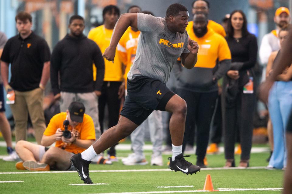 Tennessee offensive lineman Jerome Carvin during Tennessee Football Pro Day at the Anderson Training Facility in Knoxville, Tenn. on Thursday, March 30, 2023.<br>© Brianna Paciorka/News Sentinel / USA TODAY NETWORK