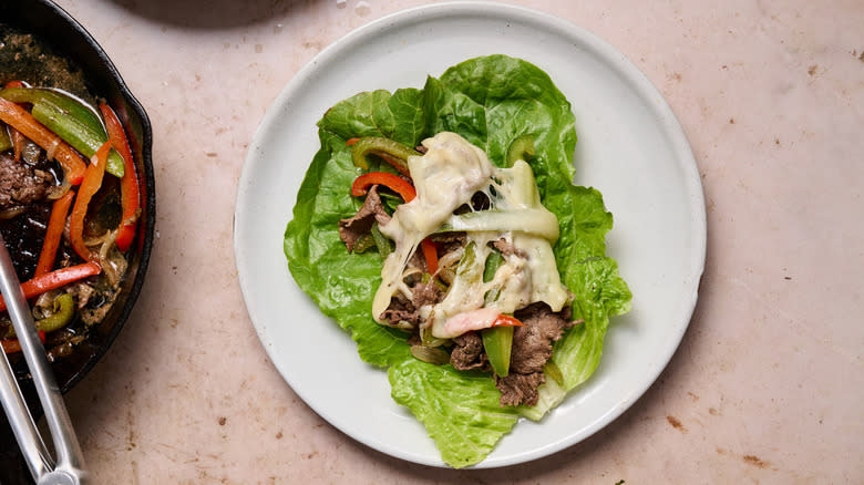 Plated Philly cheesesteak lettuce wraps 