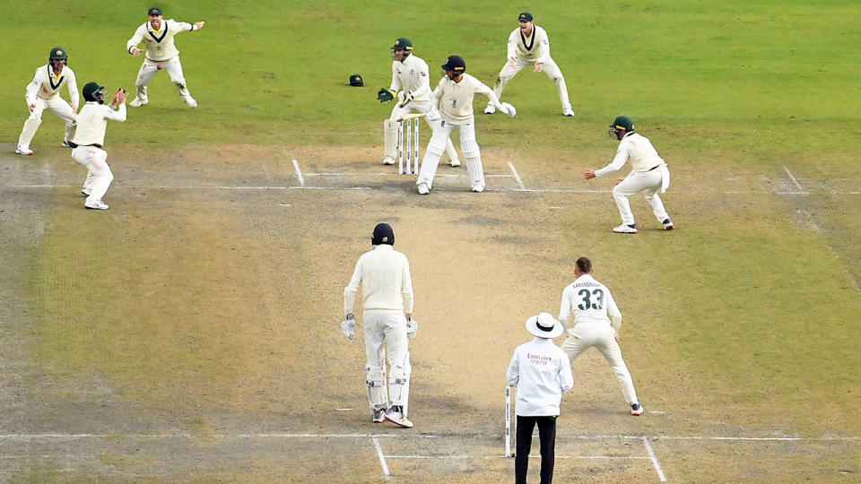 Matthew Wade, pictured here taking the catch to dismiss Jack Leach.