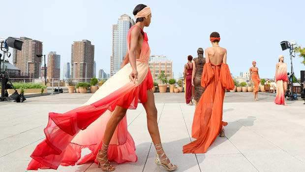 Models pose during the Bronx & Banco presentation at New York Fashion Week, September 15, 2020 at Spring Studios Terrace in New York City. / Credit: Arturo Holmes/Getty Images for Bronx & Banco