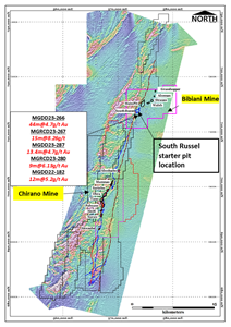 Aeromagnetic map of the Bibiani – Chirano Gold Corridor, principal Asante gold deposits and the location of South Russel starter pit and selected recent drill intercepts.