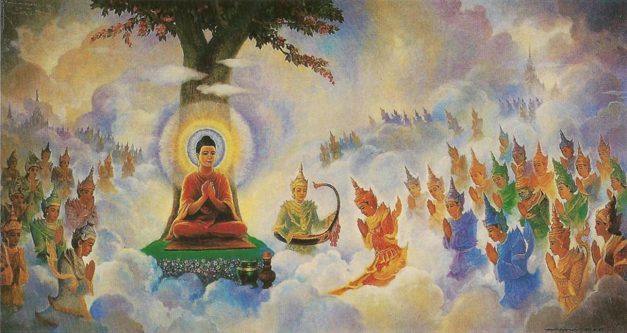 The Buddha preaching the Abhidharma in Trāyastriṃśa heaven: Hintha