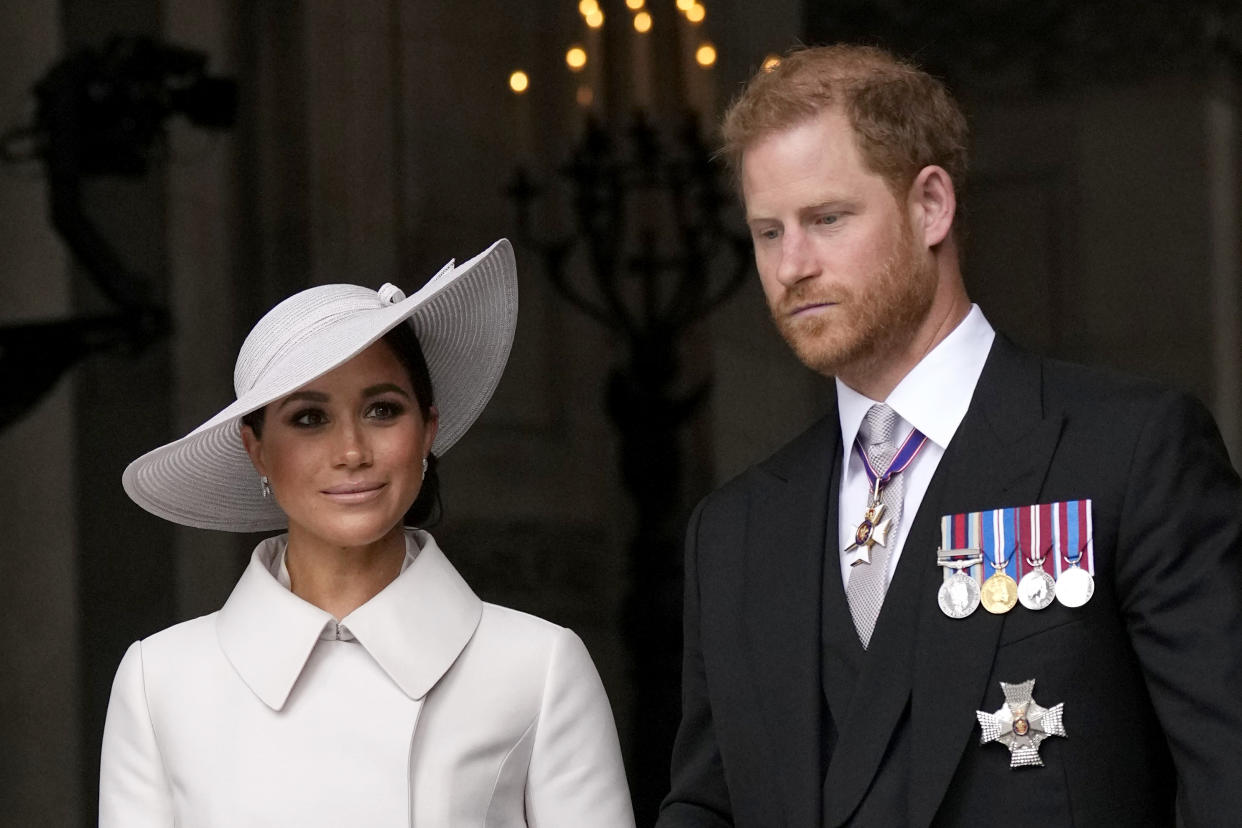 File photo dated 03/06/22 of The Duke and Duchess of Sussex leaving the National Service of Thanksgiving at St Paul's Cathedral, London, on day two of the Platinum Jubilee celebrations for Queen Elizabeth II, as The Duke of Sussex's libel claim against a newspaper publisher over an article about his legal case against the Home Office is due to have its first hearing on Thursday.