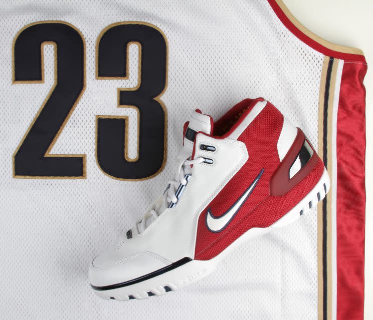 LeBron James' first retro sneaker, pictured with his iconic jersey. (Nick DePaula/The Vertical)