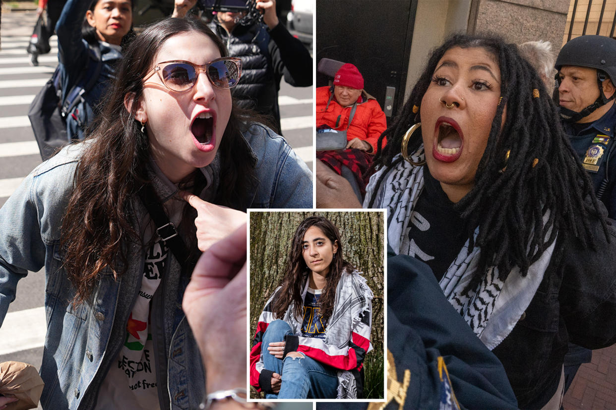 Composite of two women yelling with mouths open to the left and right, and another woman seated in front of a tree pleasantly in the middle.