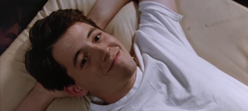 Ferris Bueller lying on his bed in "Ferris Bueller's Day Off"