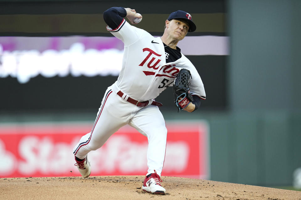 Minnesota Twins starting pitcher Sonny Gray delivers during the first inning of a baseball game against the New York Yankees, Monday, April 24, 2023, in Minneapolis. (AP Photo/Abbie Parr)
