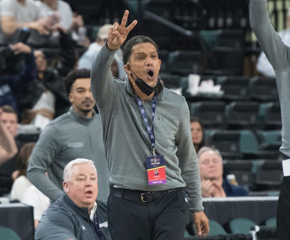 Monmouth mens basketball coach King Rice reacts to a play during the 1st half of the quarterfinal game of the MAAC Tournament between Monmouth and Niagara played at Jim Whelan Boardwalk Hall in Atlantic City on Thursday, March 10, 2022.    