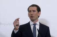 Austrian Chancellor Sebastian Kurz addresses the media at a joint press conference about the coronavirus outbreak in Austria at the federal chancellery in Vienna, Austria, Tuesday, March 10, 2020. For most people, the new coronavirus causes only mild or moderate symptoms, such as fever and cough. For some, especially older adults and people with existing health problems, it can cause more severe illness, including pneumonia. (AP Photo/Ronald Zak)