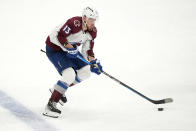 Colorado Avalanche right wing Valeri Nichushkin controls the puck in the third period in Game 2 of an NHL hockey Stanley Cup second-round playoff series against the Dallas Stars in Dallas, Tuesday, May 7, 2024. (AP Photo/LM Otero)