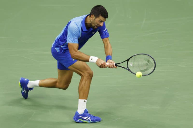 Novak Djokovic of Serbia returns the ball in the second set against Daniil Medvedev of Russia in the men's singles final at the 2023 U.S. Open on Sunday in Flushing, N.Y. Photo by Corey Sipkin/UPI