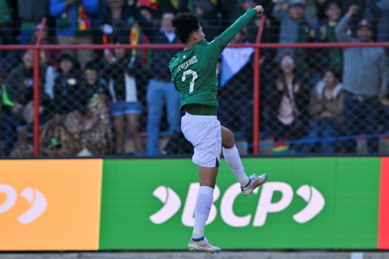 Bolivia forward Miguel Terceros celebrates scoring the winning goal against Colombia in a 1-0 2026 World Cup qualifying victory (AIZAR RALDES)