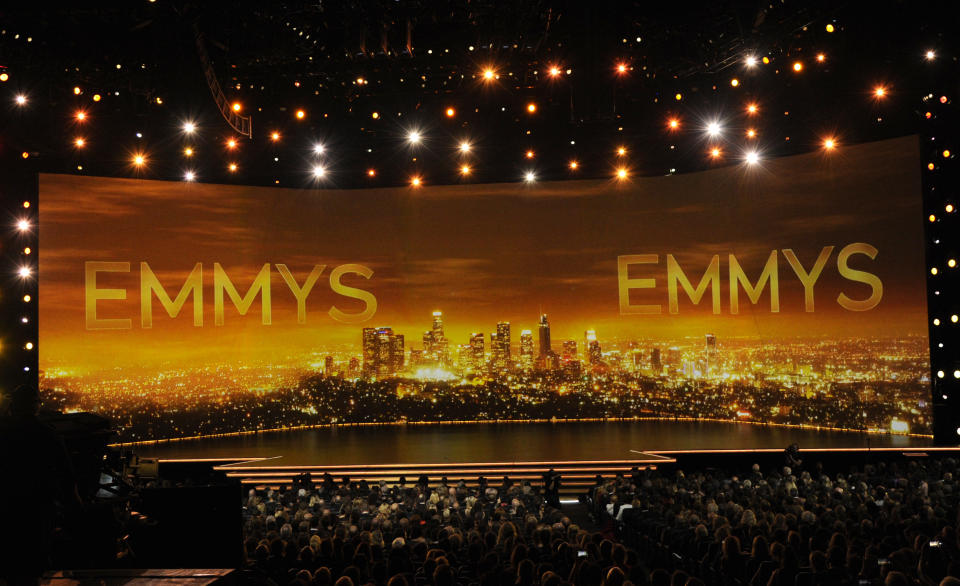FILE - A view of the stage at the 71st Primetime Emmy Awards in Los Angeles, Sept. 22, 2019. The 75th Primetime Emmy Awards will finally be held on Jan. 15, 2024, after a fourth-month delay. The Hollywood actors and writers strikes meant that the show was delayed until Martin Luther King Day. Fox will air the ceremony live starting at 8 p.m. ET from the Peacock Theater in downtown Los Angeles.(Photo by Chris Pizzello/Invision/AP, File)