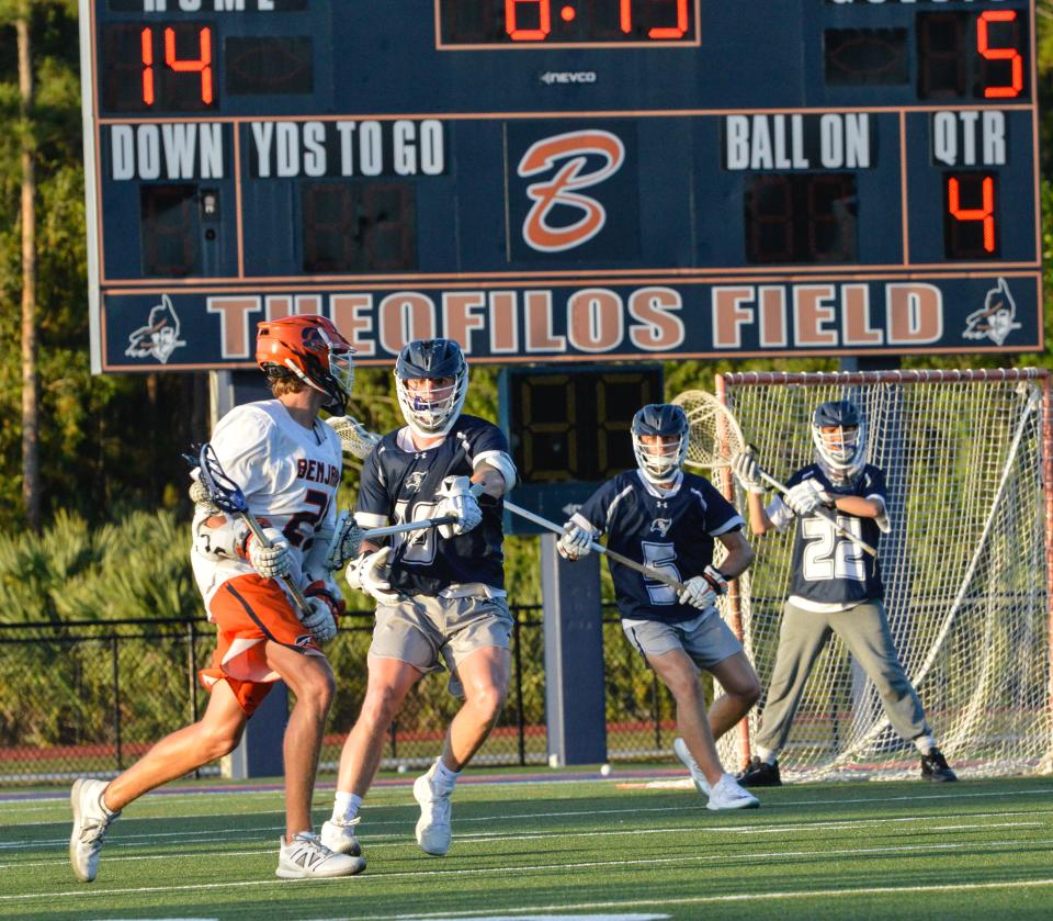 Benjamin's Alex Ponchock (21) positions to fire a shot on goal against St. Edwards on April 17, 2024.