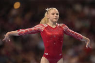 Jade Carey competes in the floor exercise during the women's U.S. Olympic Gymnastics Trials Friday, June 25, 2021, in St. Louis. (AP Photo/Jeff Roberson)