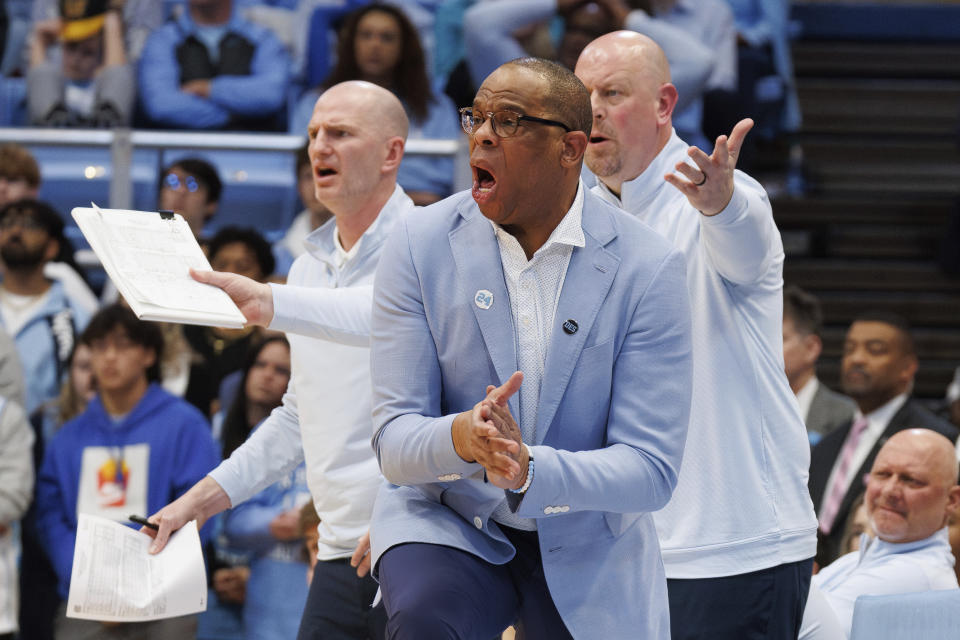 North Carolina head coach Hubert Davis reacts to a call during the second half of an NCAA college basketball game against Virginia Tech in Chapel Hill, N.C., Saturday, Feb. 17, 2024. (AP Photo/Ben McKeown)