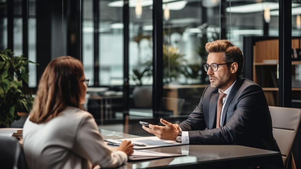 An insurance executive conferring with clients in a modern office, discussing policies.