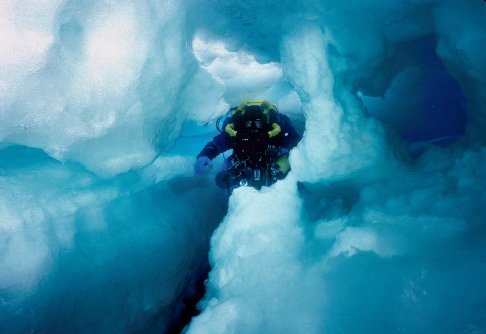 A diver swims through a narrow crevasse in iceberg B15