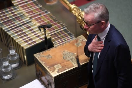Britain's Chancellor of the Duchy of Lancaster Michael Gove speaks after Speaker John Bercow delivered a statement in the House of Commons in London