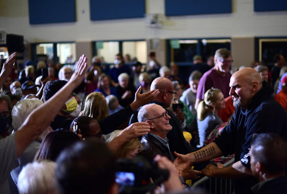 WALLINGFORD, PA - OCTOBER 15:  Democratic candidate for U.S. Senate John Fetterman greets supporters during a rally at Nether Providence Elementary School on October 15, 2022 in Wallingford, Pennsylvania.  Election Day will be held nationwide on November 8, 2022. (Photo by Mark Makela/Getty Images) (Mark Makela / Getty Images)