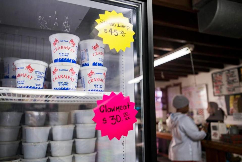 Containers of jumbo lump crab meat are for sale Friday, January 21, 2022, at Chez Francois Seafood in Lafayette, La.