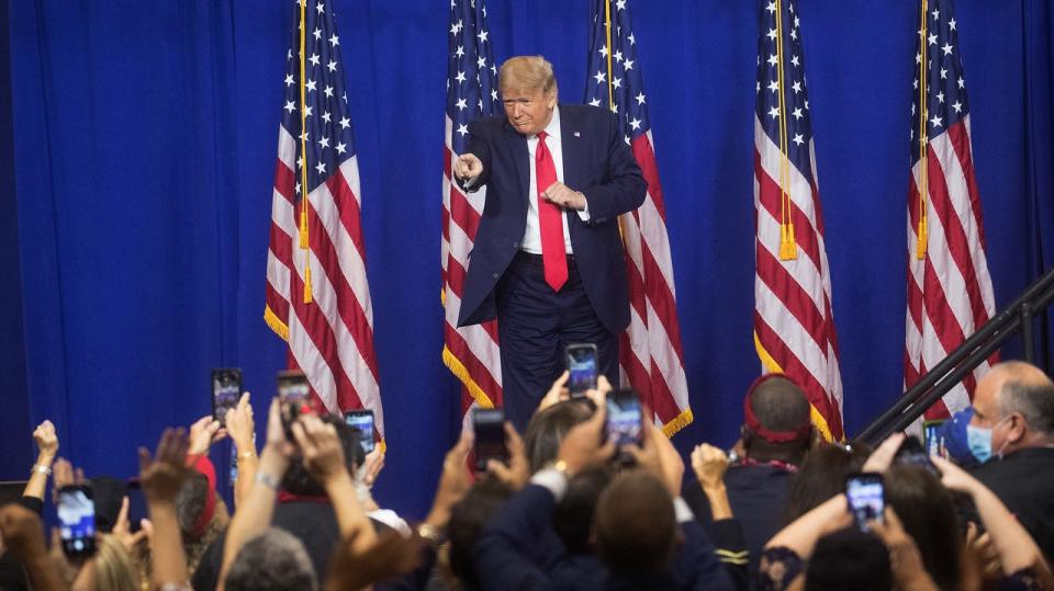 President Donald Trump  speaks at the Caloosa Sound Convention Center and Amphitheater in downtown Fort Myers on Friday, October 16, 2020. 