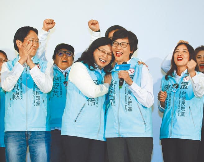 創黨不到半年的台灣民眾黨拿下5席不分區立委，一舉成為新國會第三大黨。圖為蔡壁如（前右）與賴香伶（前左）雙肩互靠慶祝當選不分區立委。（本報資料照片）