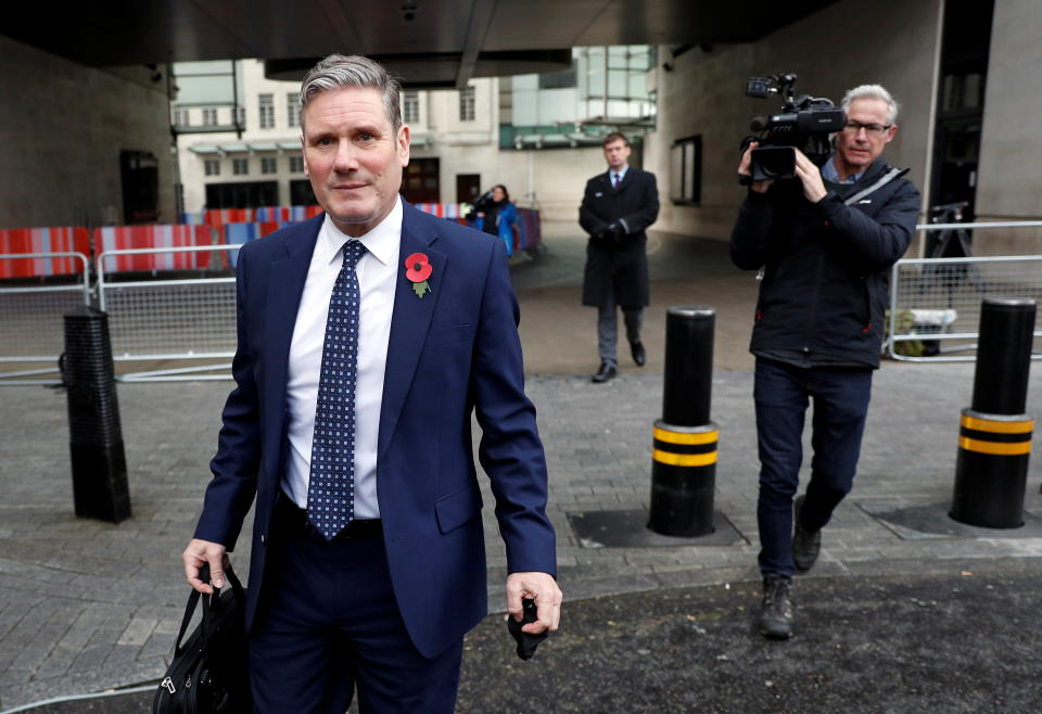 Britain's opposition Labour Party leader Keir Starmer leaves the BBC headquarters after appearing on The Andrew Marr Show, in London, Britain, November 1, 2020. REUTERS/Peter Nicholls