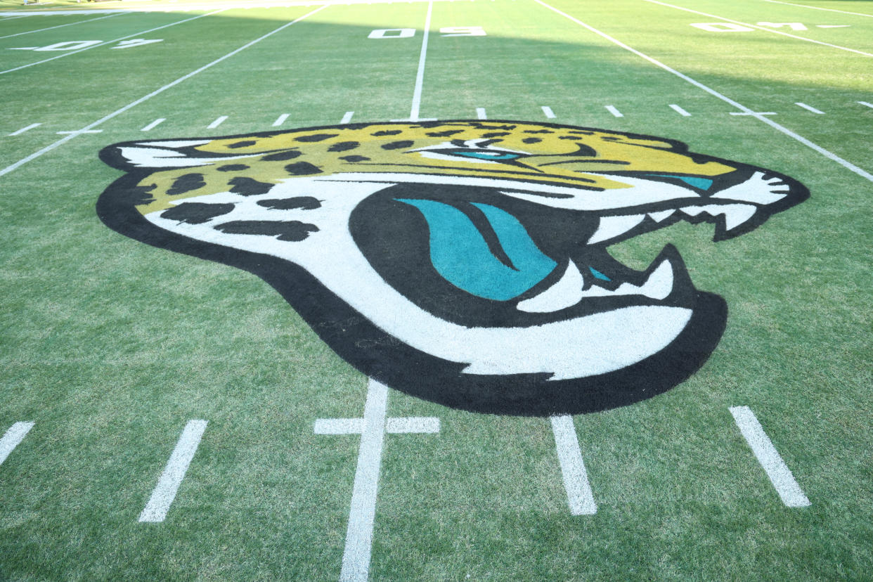JACKSONVILLE, FLORIDA - JANUARY 14: JACKSONVILLE, FLORIDA - JANUARY 14: A general view of the 50-yard line with the Jacksonville Jaguars logo on the field prior to an AFC Wild Card playoff game between the Jacksonville Jaguars and the Los Angeles Chargers at TIAA Bank Field on Saturday, January 14, 2023, in Jacksonville, Florida. (Photo by Perry Knotts/Getty Images)