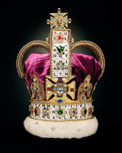 British milliner Justin Smith has created a couture crown made from 319 Scrabble tiles inspired by the St Edward’s Crown,<br>in celebration of Scrabble’s 75th anniversary and the coronation of <span class="caas-xray-inline-tooltip"><span class="caas-xray-inline caas-xray-entity caas-xray-pill rapid-nonanchor-lt" data-entity-id="Charles_III" data-ylk="cid:Charles_III;pos:1;elmt:wiki;sec:pill-inline-entity;elm:pill-inline-text;itc:1;cat:Royalty;" tabindex="0" aria-haspopup="dialog"><a href="https://search.yahoo.com/search?p=Charles%20III" data-i13n="cid:Charles_III;pos:1;elmt:wiki;sec:pill-inline-entity;elm:pill-inline-text;itc:1;cat:Royalty;" tabindex="-1" data-ylk="slk:King Charles III;cid:Charles_III;pos:1;elmt:wiki;sec:pill-inline-entity;elm:pill-inline-text;itc:1;cat:Royalty;" class="link ">King Charles III</a></span></span>.