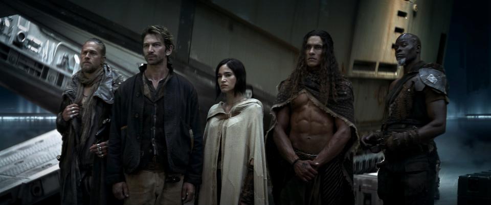 Charlie Hunnam as Kai, Michiel Huisman as Gunnar, Sofia Boutella as Kora, Staz Nair as Tarak and Djimon Hounsou as Titus in "Rebel Moon."