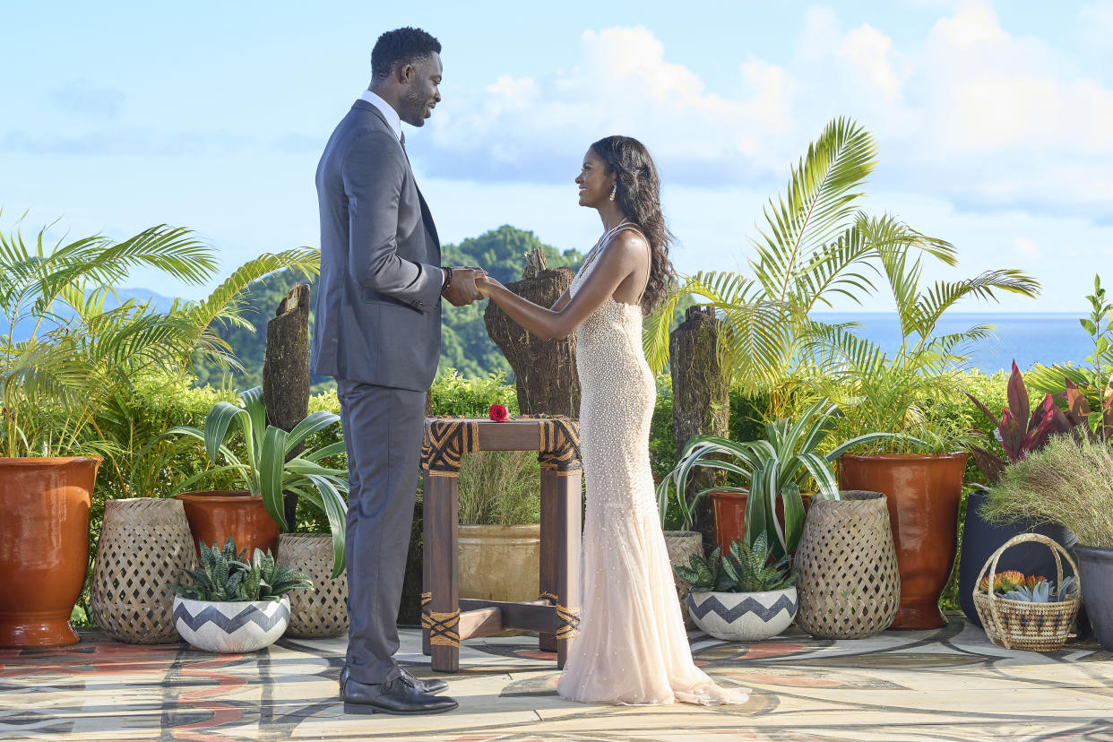 Dotun Olubeko and Charity Lawson on the finale of The Bachelorette. (ABC)