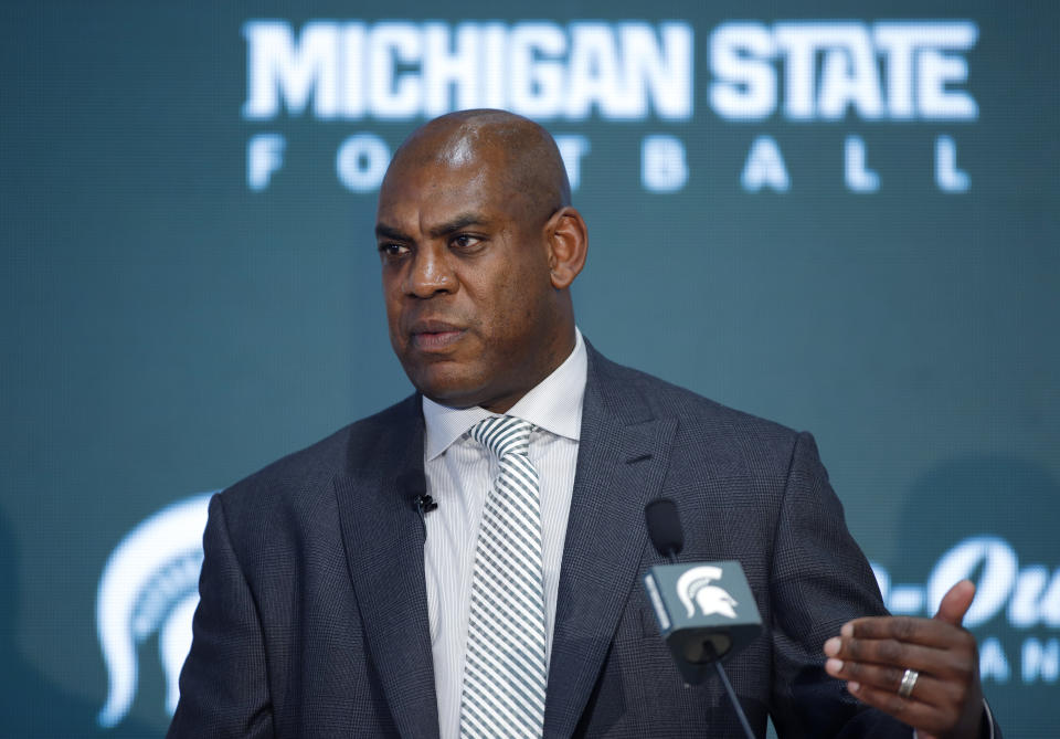 FILE - In this Wednesday, Feb. 12, 2020, file photo, Mel Tucker, Michigan State's new football coach, speaks during an introductory news conference in East Lansing, Mich. Big Ten is going to give fall football a shot after all. Less than five weeks after pushing football and other fall sports to spring in the name of player safety during the pandemic, the conference changed course Wednesday, Sept. 16, 2020, and said it plans to begin its season the weekend of Oct. 23-24. (AP Photo/Al Goldis, File)