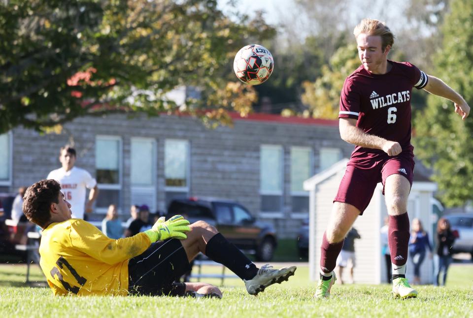 Bishop Connolly keeper Brandon Defaria makes the save on West Bridgewater's Ben Fuller during a game on Tuesday, Sept. 27, 2022.